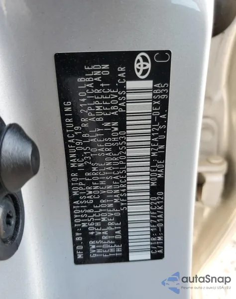 2020 Toyota Corolla Se z USA, uszkodzony, nr VIN 5YFS4RCE5LP025530